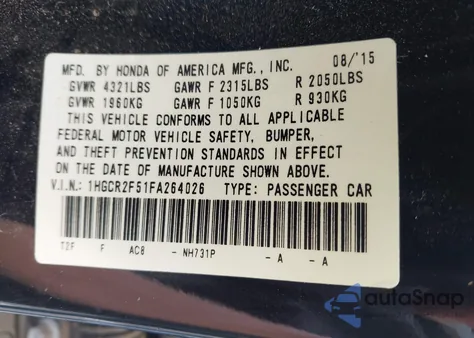 2015 Honda Accord Sport from USA, damaged, VIN 1HGCR2F51FA264026